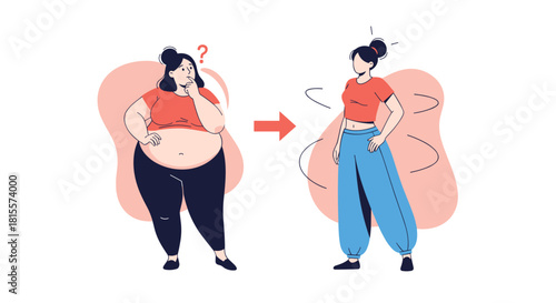 Inspiring before-and-after illustration of a woman's body transformation, showing successful weight loss from an overweight to a slim and fit figure.