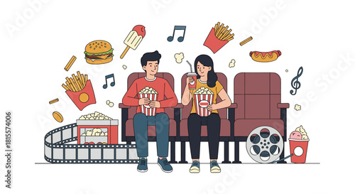 A happy couple on a date at the movie theater, eating popcorn and enjoying a film with various cinema snacks and equipment floating around them.