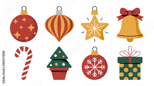 Festive Ornaments: An array of Christmas ornaments, including baubles, bells, stars, and candy cane, evoke holiday cheer and the warmth of festive traditions.