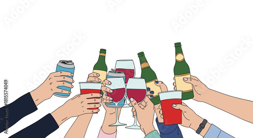 A group of friends' hands holding various drinks like wine, beer, and cocktails, making a toast together in celebration of a party or event.