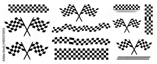 Collection of checkered flags and racing banners, symbolizing victory and speed