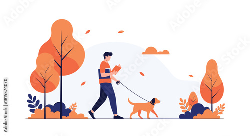 A young man enjoys a peaceful autumn day, reading a book while walking his dog on a leash through a park with orange-leafed trees.