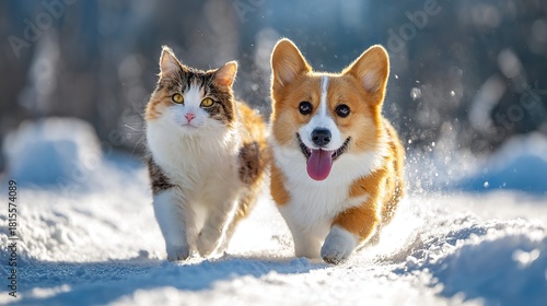 Pembroke Welsh Corgi and calico cat running side by side through fresh snow, symbolizing playful interspecies friendship, joy, and dynamic winter fun