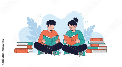 A smiling boy and girl are sitting cross-legged on the floor, surrounded by stacks of books and happily reading together, promoting literacy.
