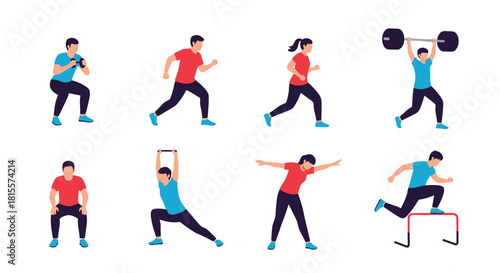 A set of diverse male and female characters demonstrating various fitness exercises, including running, weightlifting, stretching, squats, and jumping hurdles.
