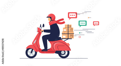 A courier wearing a helmet and scarf rides a red scooter to make a fast delivery, with packages stacked behind him and chat bubbles indicating communication.
