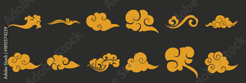 Collection of Golden Traditional Asian Cloud Designs on Dark Background