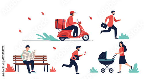 A collection of people in various daily life situations, including a delivery man, a rushing businessman, a person reading, and a mother with a stroller.