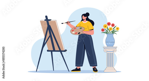 A talented female artist stands at an easel, holding a palette and paintbrush as she creates a painting, with a vase of flowers nearby for inspiration.