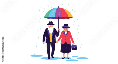 A charming elderly jewish couple walks together hand-in-hand under a colorful rainbow umbrella, sharing a sweet moment in the rain.
