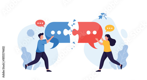 A man and a woman work together to connect two large puzzle pieces shaped like speech bubbles, symbolizing successful communication and agreement.
