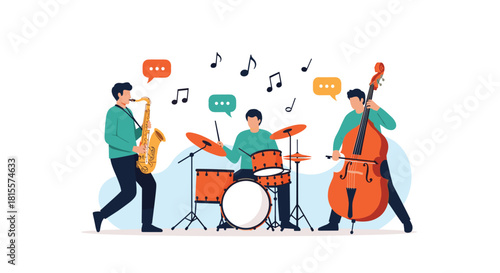 A lively jazz trio performs together, with musicians playing the saxophone, drums, and double bass, creating a vibrant and energetic music scene.