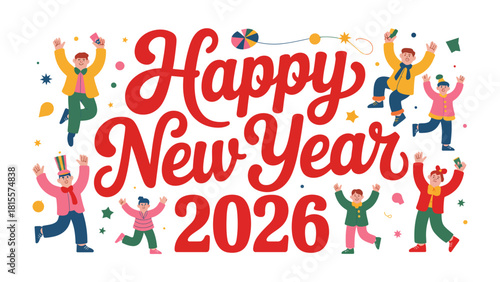Happy New Year Celebration: A festive illustration of diverse individuals joyfully celebrating the upcoming year 2026, embracing a colorful atmosphere of confetti and revelry.