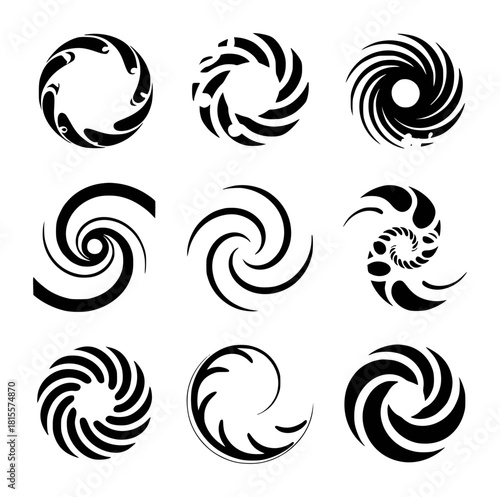 Collection of Nine Black Swirling Circular Abstract Designs on White Background