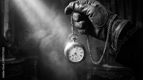 Gloved hand holding an antique pocket watch in a beam of light. Cinematic black and white close-up with smoke and dramatic lighting. Concept of time passing, hypnosis, or mystery