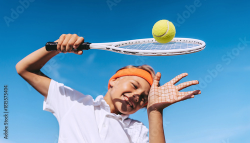 Joyful Child Tennis Player Sports Action Blue Sky Low Angle