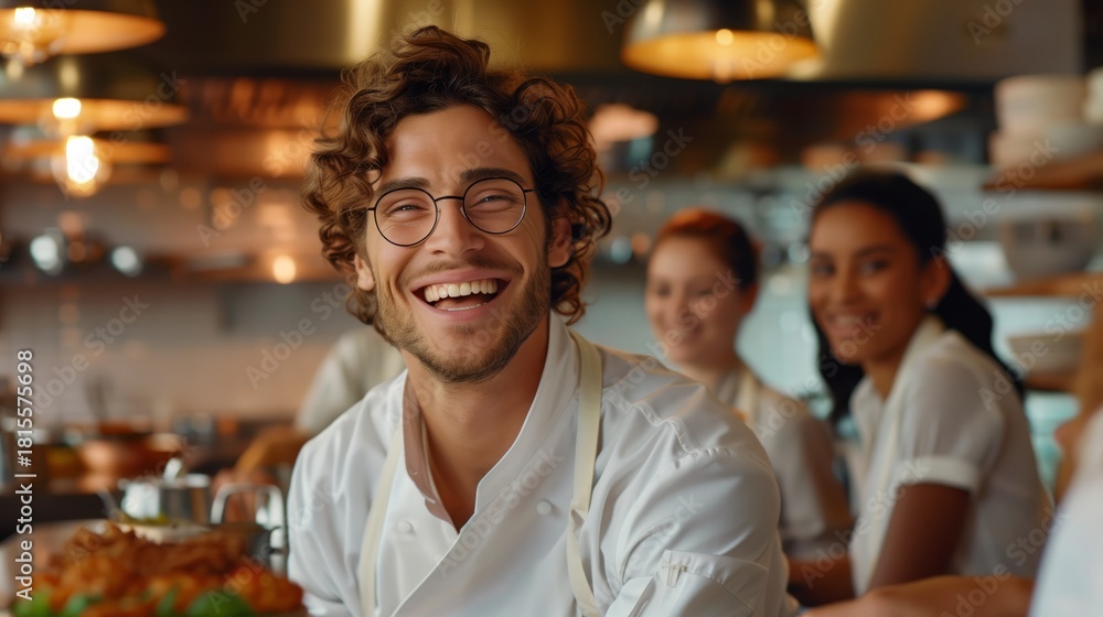 Obraz premium Professional chef grinning while leading kitchen team, preparing gourmet dishes with coordinated energy and collaborative spirit during busy dinner service