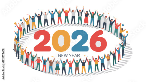 Embracing 2026: A diverse community encircles the year 2026, symbolizing unity, hope, and the collective anticipation of a fresh beginning and future.
