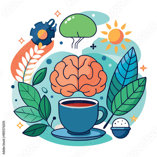 Brain Health and Mental Wellness Concept: Coffee, Nature, and Creativity Boost