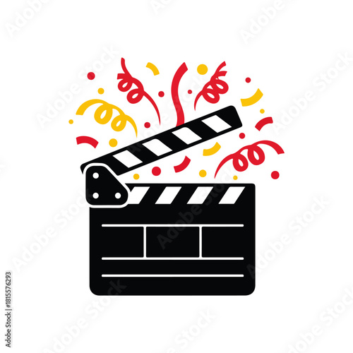 Clapperboard with Confetti, Celebration, and Film Start Icon