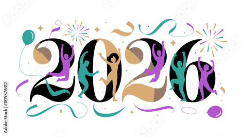 New Year 2026: A vibrant and celebratory illustration of the number 2026, filled with dancing figures, confetti, and ribbons, heralding the arrival of a fresh year with joy and excitement.
