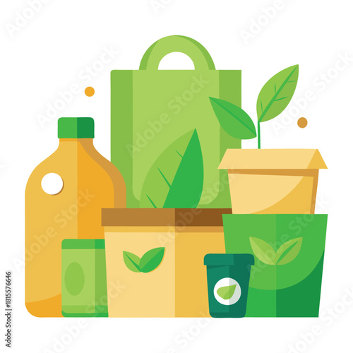 Eco-Friendly Packaging and Biodegradable Products: Green Container and Bag Vector Illustration