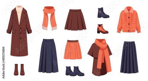 Stylish autumn outfits collection featuring cozy coats, elegant skirts, warm scarves, and trendy boots for a fashionable fall season wardrobe update