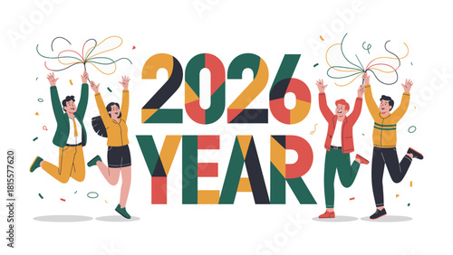 Cheers to 2026: A vibrant illustration depicts a jubilant group of individuals celebrating the arrival of the year 2026 with an atmosphere of optimism and hope.