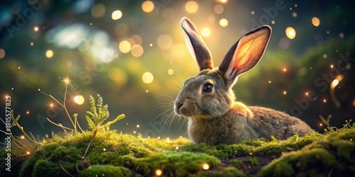 Enchanted Forest Hare A Serene Brown Rabbit Rests Amidst Glowing Moss and Firefly Lights