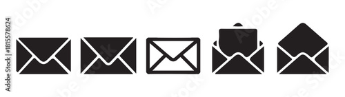 Collection of black and white email envelope icons including open and closed designs vector
