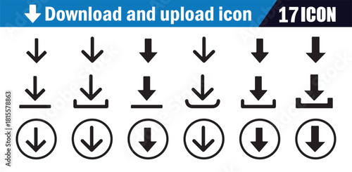 Download icon set. Vector collection of 18 black arrow and circular button symbols for data transfer.
