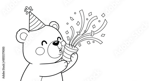 A charming black and white coloring page of a happy cartoon bear wearing a party hat and popping a confetti party cracker.