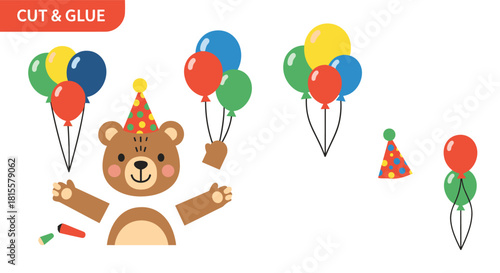 A cute cut and glue educational game for preschool children with a cartoon bear, party hat, and colorful balloons to assemble.