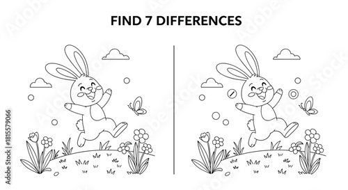 Fun find the differences puzzle game for kids with a cute cartoon rabbit jumping in a meadow, presented as a black and white coloring page.