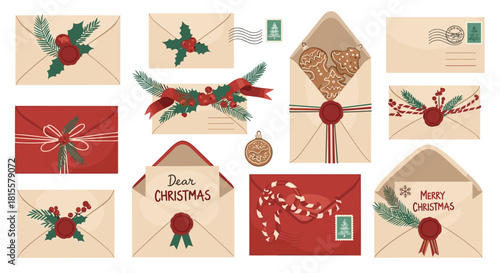 A charming collection of vintage Christmas envelopes and letters decorated with holly, wax seals, ribbons, and festive holiday elements.