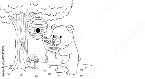 A charming black and white coloring page for children depicting a cute cartoon bear eating honey from a pot next to a tree with a beehive.