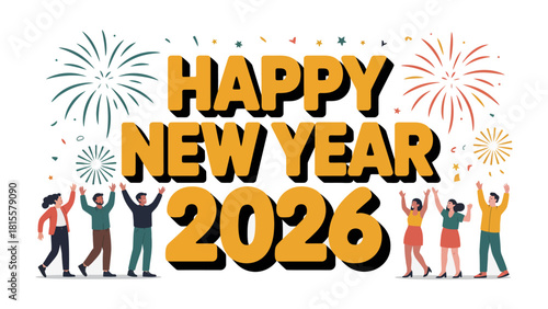 New Year 2026 Celebration: A jubilant assembly of individuals raise their hands in unison, as vibrant fireworks light up the night sky, ushering in the New Year with joyous excitement.