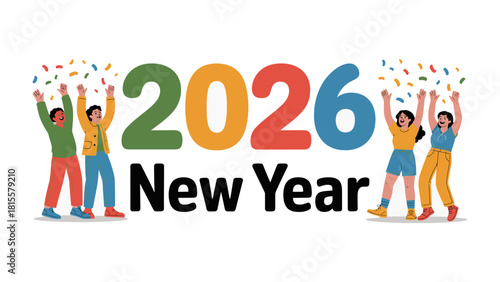 New Year 2026: A vibrant and colorful illustration of celebrating New Year with a modern design and people showering colorful confetti into the sky.