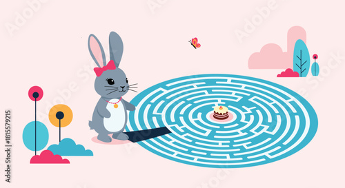 An engaging labyrinth puzzle game for children featuring a cute rabbit trying to find the way through a circular maze to a cake.