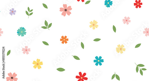 A lovely and simple seamless floral pattern featuring small, colorful flowers and green leaves scattered across a clean white background.