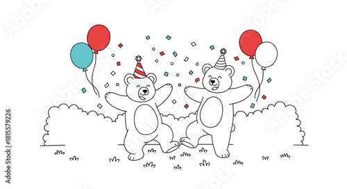 A fun black and white coloring page for kids showing two happy cartoon bears with party hats dancing under confetti and balloons.