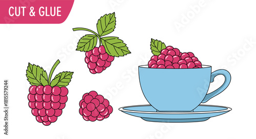 A fun cut and glue educational game for children to assemble raspberries and place them in a blue teacup, ideal for craft time.