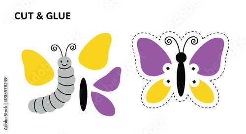 A simple and colorful cut and glue craft activity for young children to create a beautiful butterfly with purple and yellow wings.