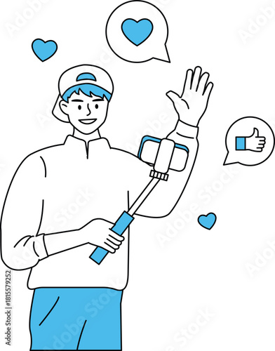 Young man Waving with Selfie Stick and Social Media Engagement