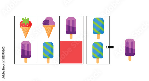 A colorful logic puzzle for preschool children, a sudoku-style game where the task is to find the missing ice cream in the grid.