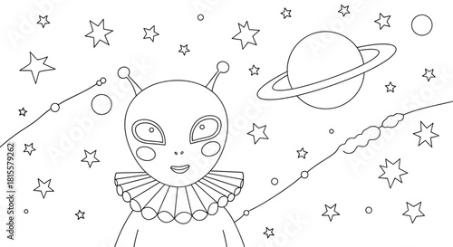 A space-themed coloring page for kids featuring a friendly cartoon alien with a ruffled collar against a background of stars and a planet.