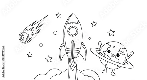 A fun and simple space-themed coloring page for children featuring a rocket, a happy planet, a meteor, and stars to color.