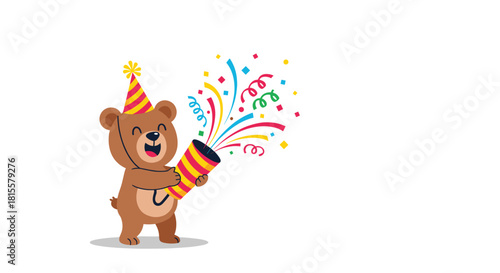 A joyful cartoon bear wearing a party hat and celebrating with a colorful party popper that is exploding with confetti and streamers.
