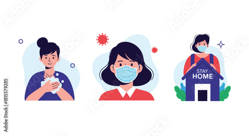 A set of illustrations demonstrating coronavirus prevention measures, including washing hands, wearing a face mask, and staying home.