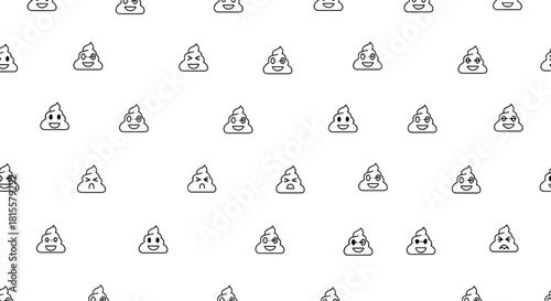 A seamless black and white pattern featuring a variety of cute poop emoji characters with different happy and funny facial expressions.